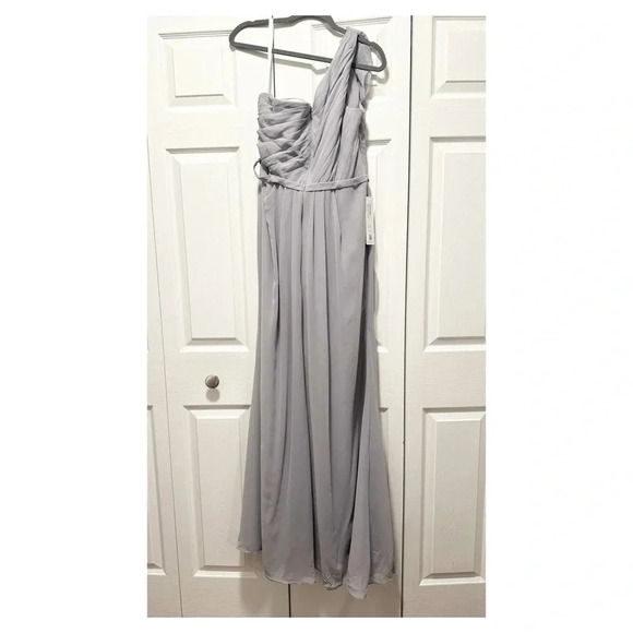NWT Azazie Sharon A-Line One Shoulder Chiffon Gown Size 12 gray fog formal - Picture 5 of 10